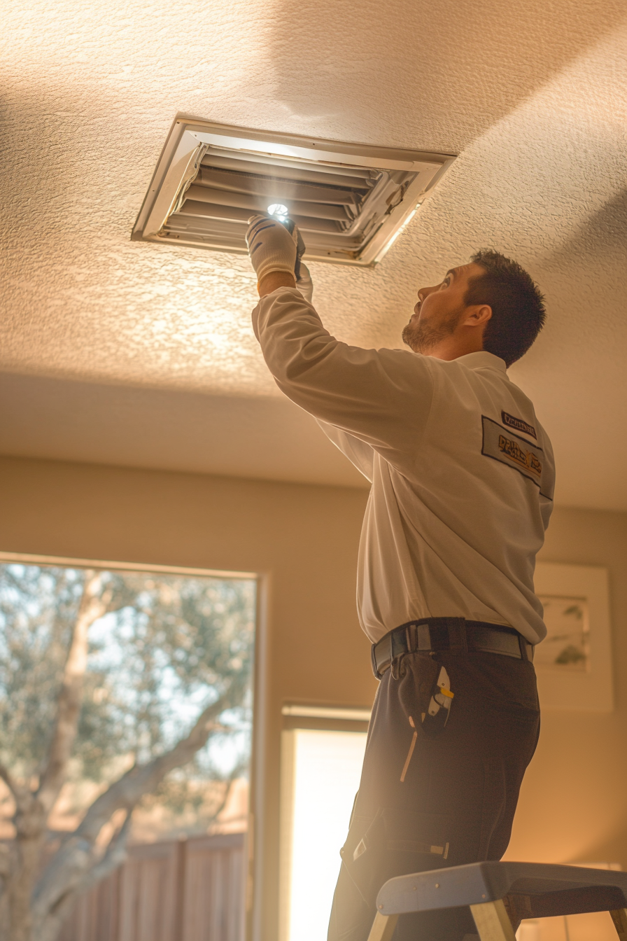 Technician cleaning air duct